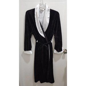 Vintage Audrey Lane Women's Black Velvet Robe White Satin Trim Belted Sz Medium